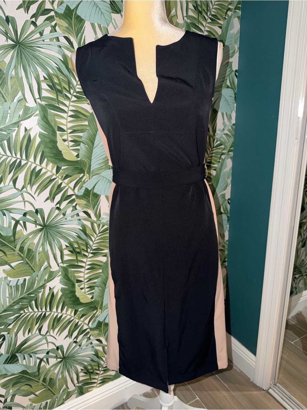 BCBGMaxAzria Black Midi Dress with Blush Side Panels - Picture 2 of 7